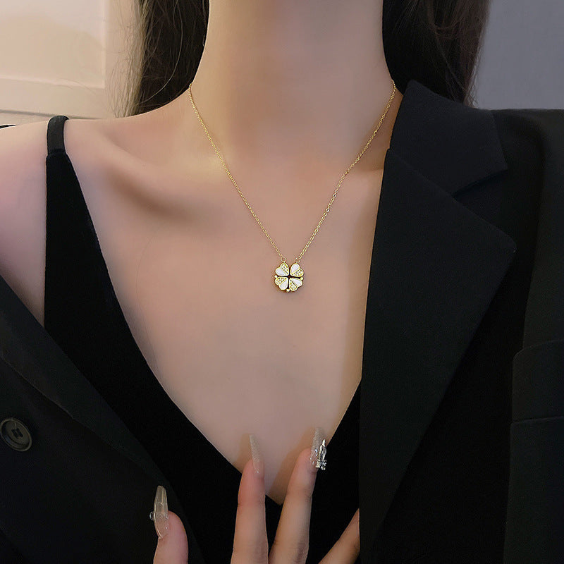Kleeblatt-Kette mit Kristallherz – Glücksbringer für Frauen