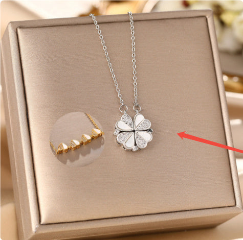 Kleeblatt-Kette mit Kristallherz – Glücksbringer für Frauen